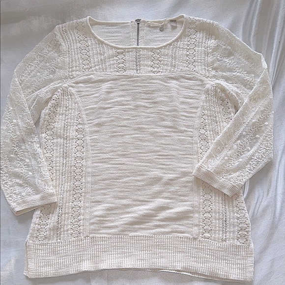 Knitted & Knotted Coquette Cream Lace Sleeve Sweater Texture Cotton Rear Zip SzM - Picture 10 of 16